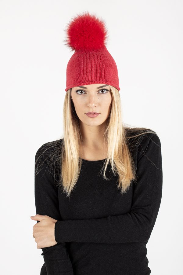 Art 4295-C20 Berretto con pon pon in volpe — berretto in 100% cashmere — Goia Roberto