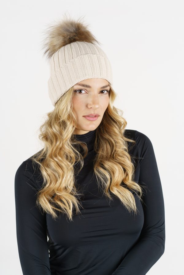 5360-R + PON PON IN VOLPE — berretto in misto cashmere — Goia Roberto